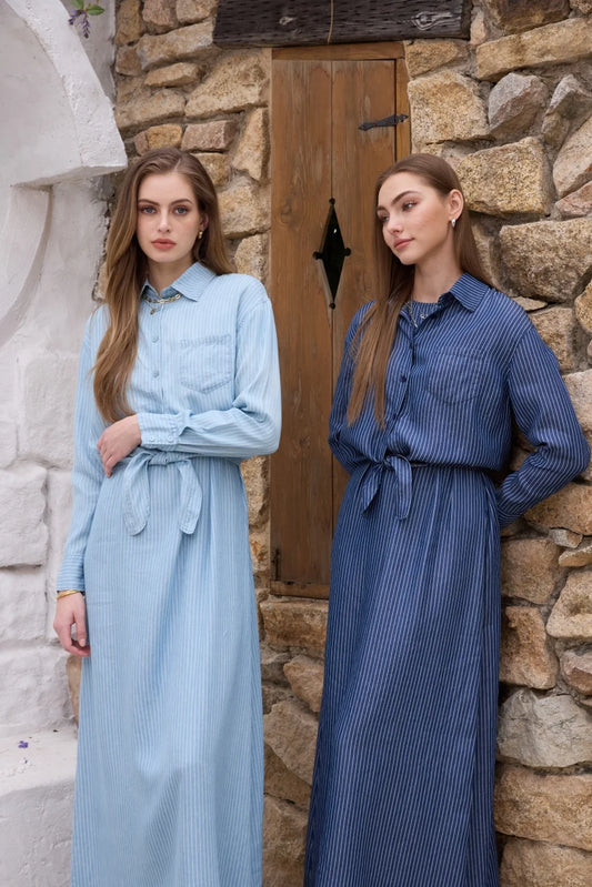 AS SS26 Lyocell light Denim pinstripe wrap shirt + dress matching set fashionable vitality women's outfit