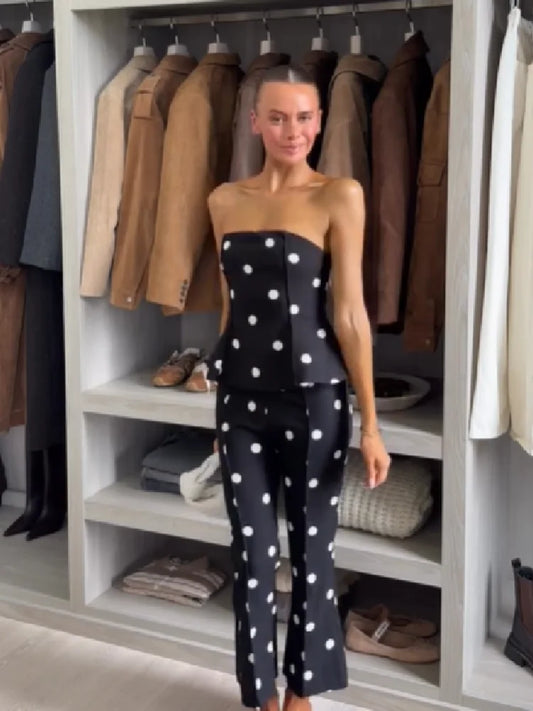 Polka Dot Matching Set Ladies Back Zip Bandeau Peplum Blouse High Rise Ankle Length Flared Pants Evening Club Going Out Outfit