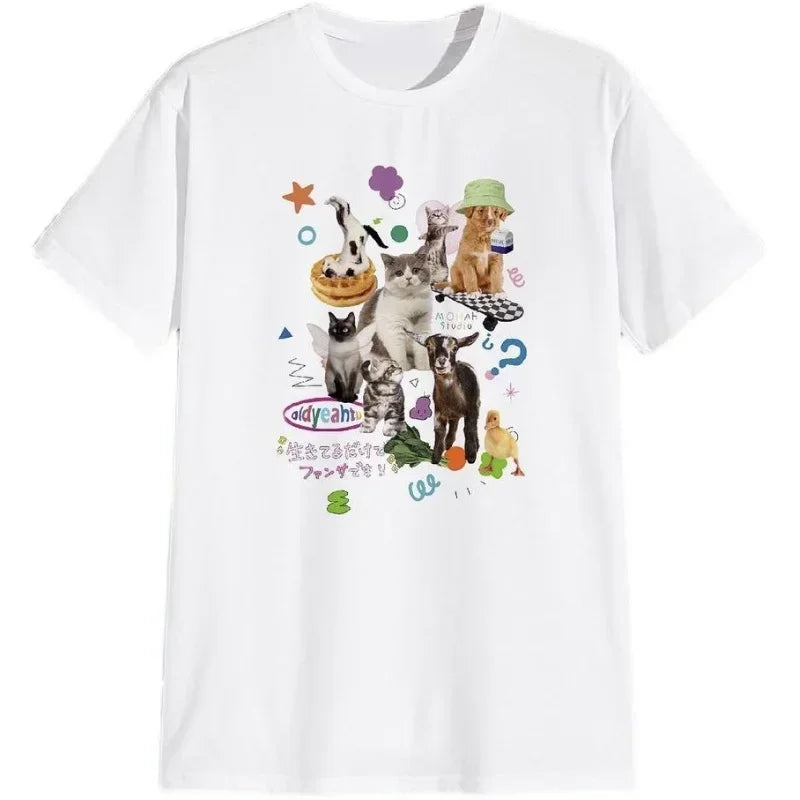 Retro Harajuku Fashion Women Shirt Cute Milk Cat Graphic T-Shirts Oversized Tee Y2k Aesthetic Female Tees Streetwear Tops
