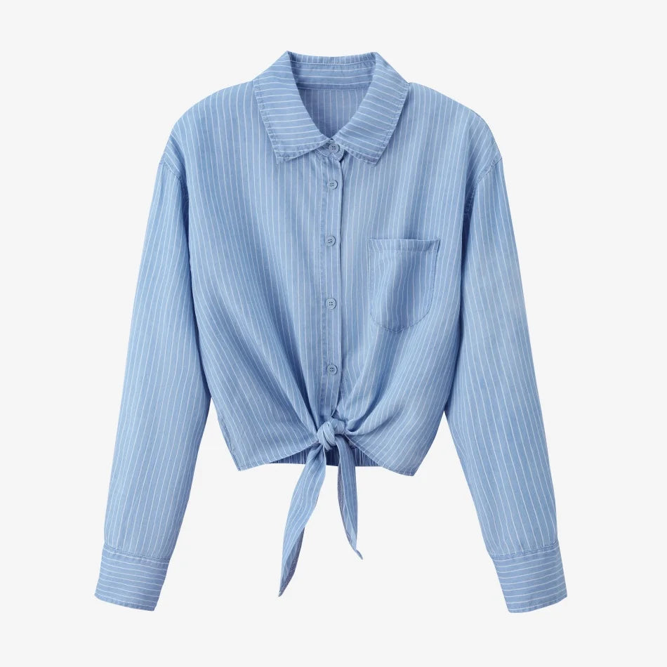 AS  SS26 Lyocell light Denim pinstripe wrap shirt + dress matching set fashionable vitality women's outfit