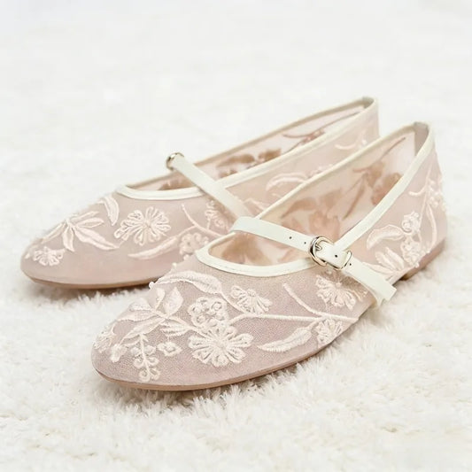 Embroidery Pearl Mesh Ballet Flats Women Fashion Hollow Round Toe Flat Sandals Elegant Comfortable Belt Buckle Mary Jane Shoes