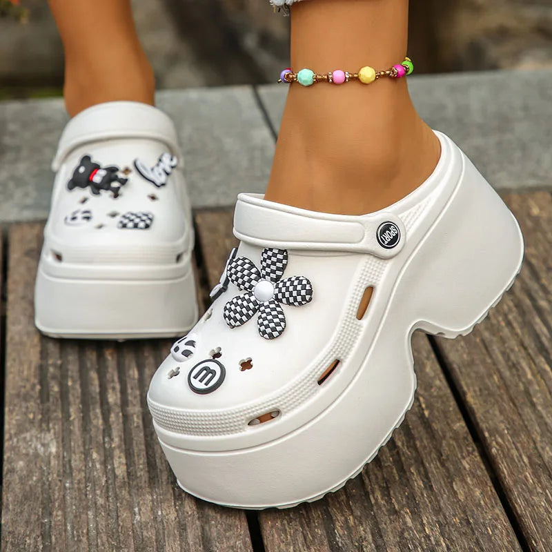 Decorative Buckle Wedge Sandals Women 2025 Thick Bottom Platform Beach Sandals Woman Summer Closed Toe Non-slip Soft Sole Slides