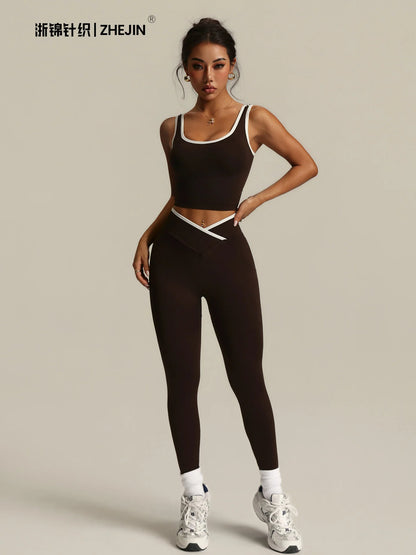 2 Piece Yoga Set Women Crossover V Waist Leggings Contrast Trim Sports Bra Gym Workout Matching Set Fitness Activewear Suit