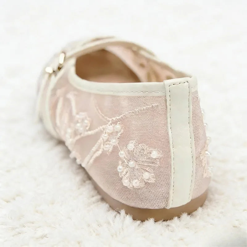 Embroidery Pearl Mesh Ballet Flats Women Fashion Hollow Round Toe Flat Sandals Elegant Comfortable Belt Buckle Mary Jane Shoes