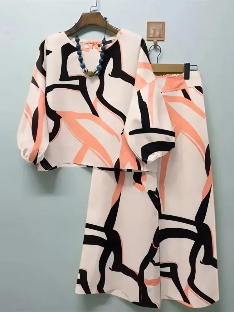 2024 Spring Autumn New Women's Fashion Geometric Printed Casual Matching Set Bohemian Top Wide Leg Pants 2-piece Set