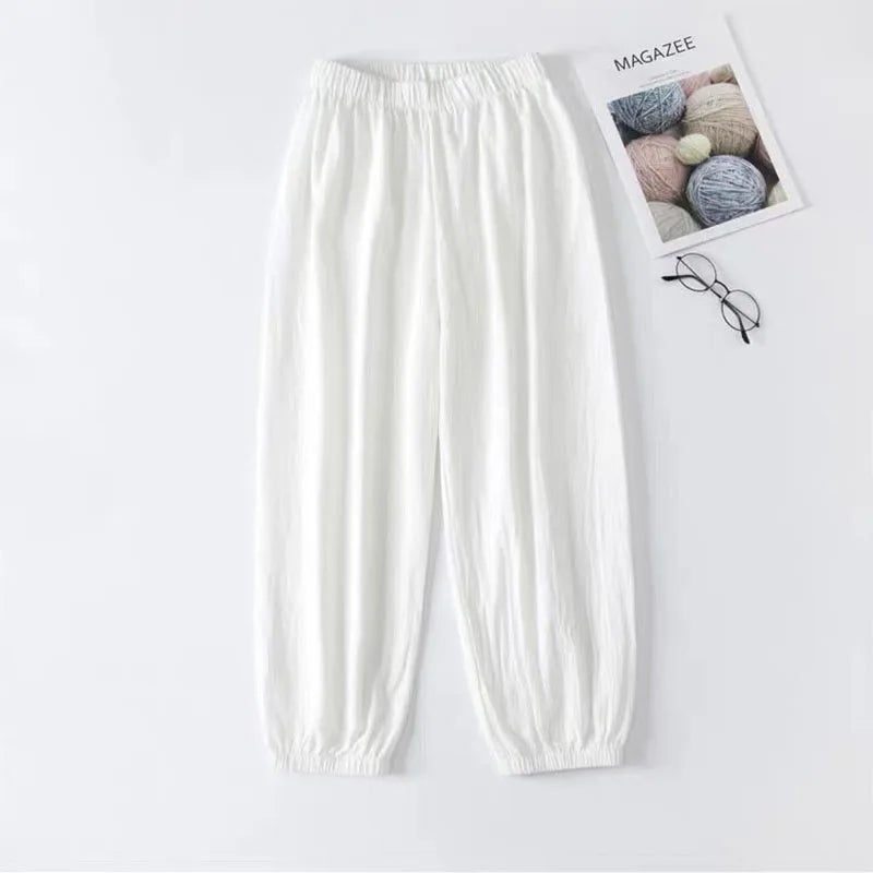 Women Casual Loose Cozy Harem Pants for 2026 New Summer Elastic Waist Beach Linen Pants Solid Color All-match Lantern Trousers