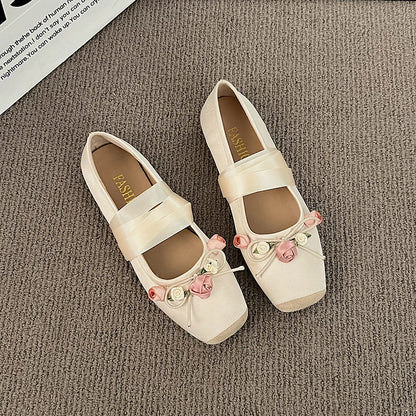Luxury  Lace Tie Leg Satin Silk Ballet Flats Woman Square Toe Bowknot Elastic Band Ballerinas Ladies Wedding  Floral Shoes