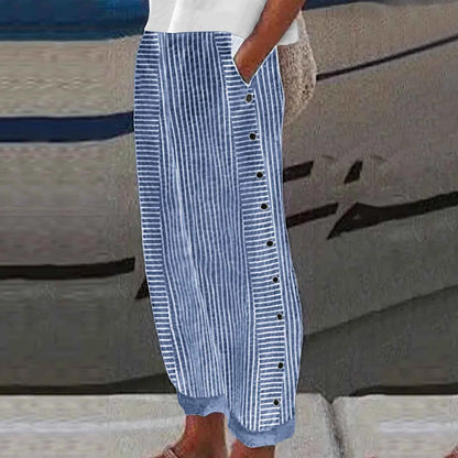 Long Linen Pants Women Women Summer Fashion Striped Print Button Casual Versatile Loose High Waist Yoga Dress Pants For Women