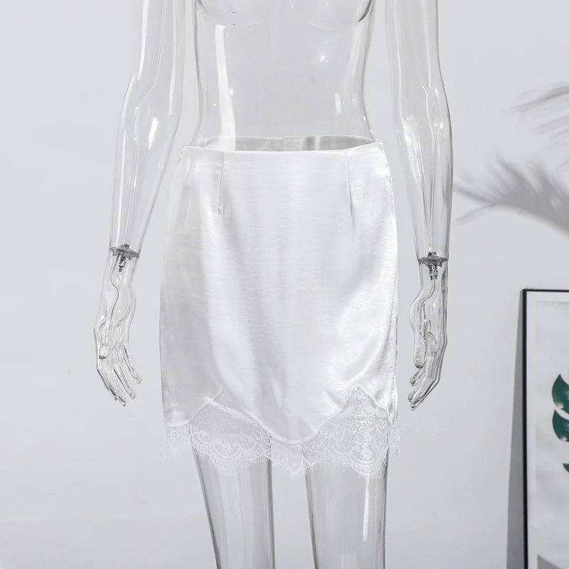 Sexy Women's Satin Sleeveless Bodysuit White Lace Hem Skirts 2025 Matching Set Chic Bodycon Deep V Open Back Top Female Outfit