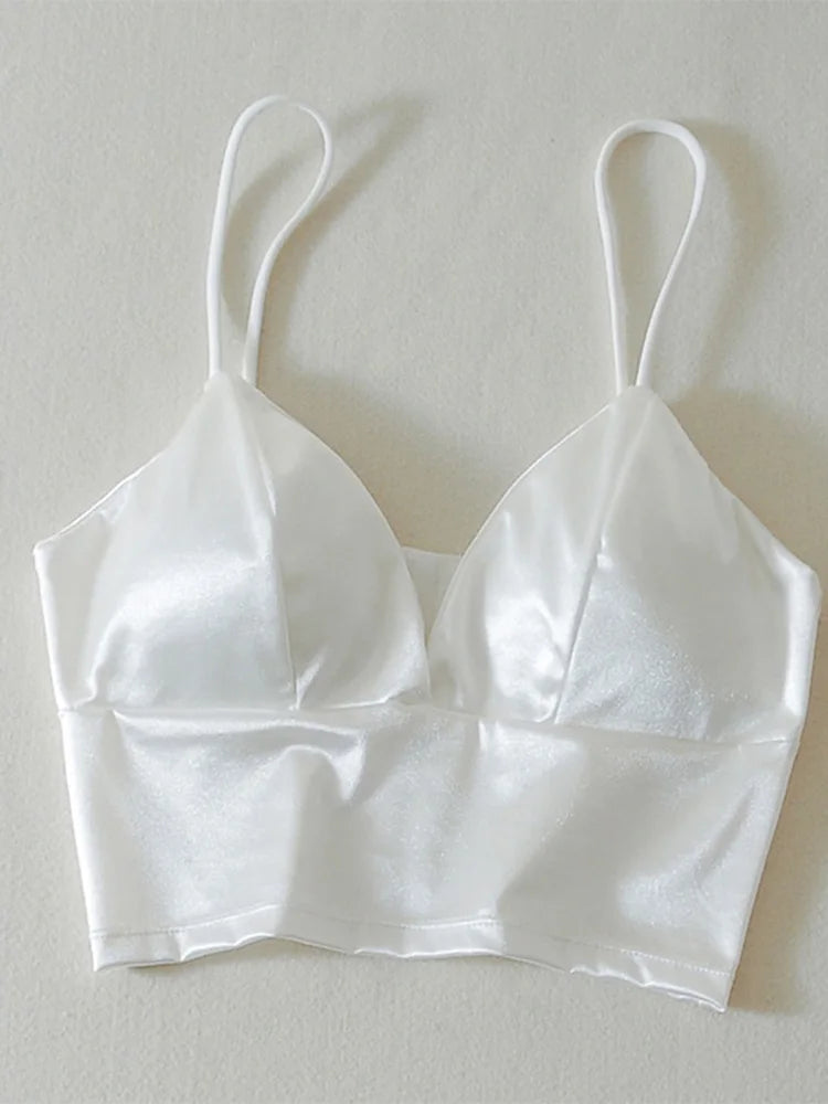 Sexy Satin Crop Tops Women Wireless Bralette Crochet Top Female Spaghetti Strap T-shirt Cropped With Chest Padded Camisole