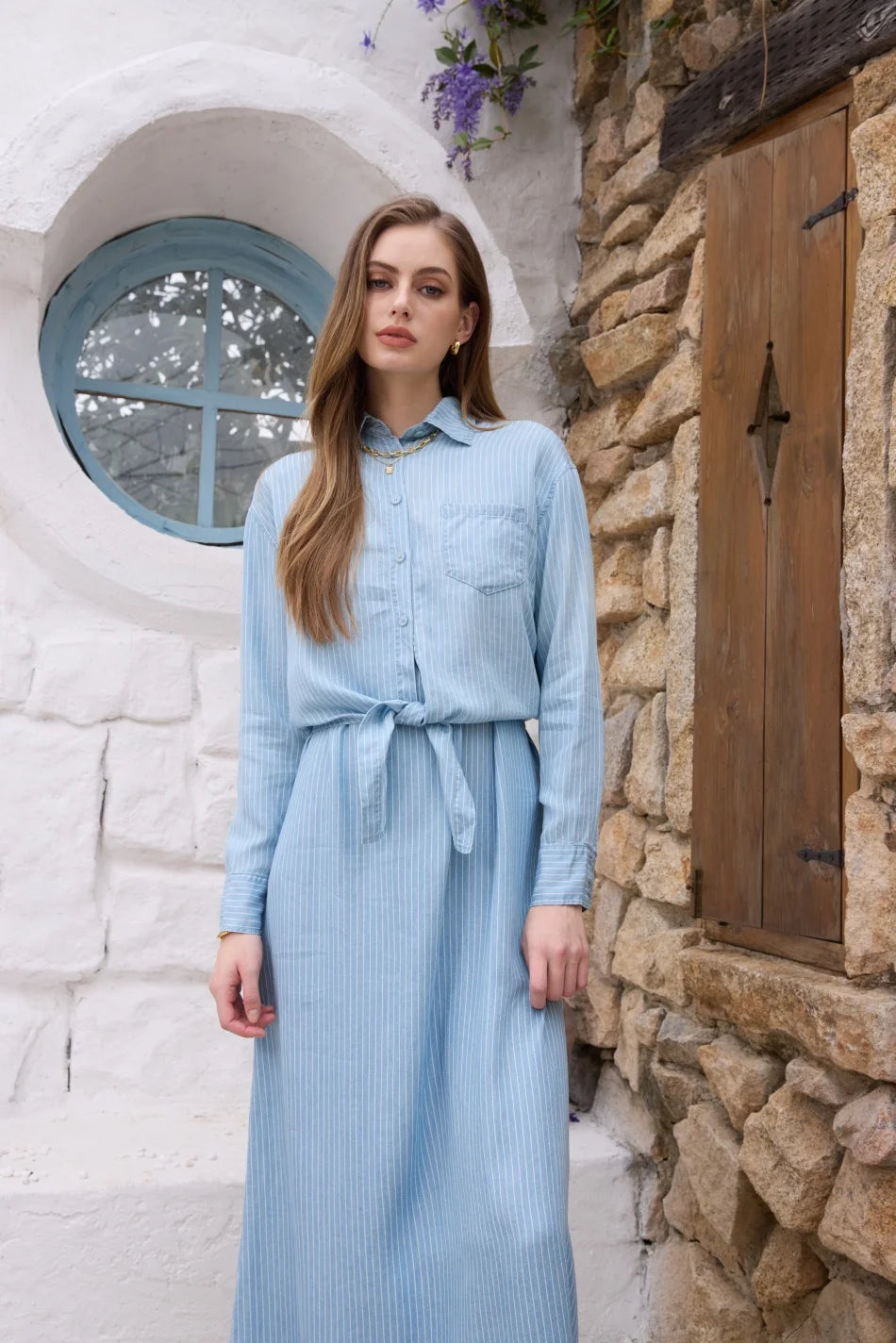 AS  SS26 Lyocell light Denim pinstripe wrap shirt + dress matching set fashionable vitality women's outfit