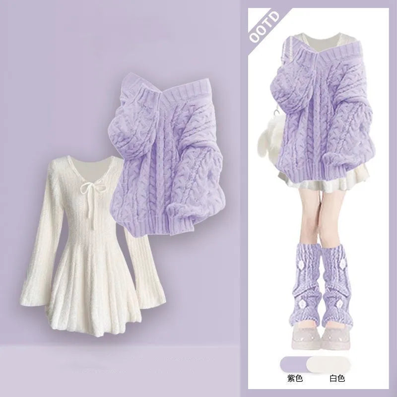 Women's 2026 Winter New Fashion Knitted Sweater Midi Skirt Matching Set Korean Elegant Pullover+Long-sleeve Dress Two Piece Suit