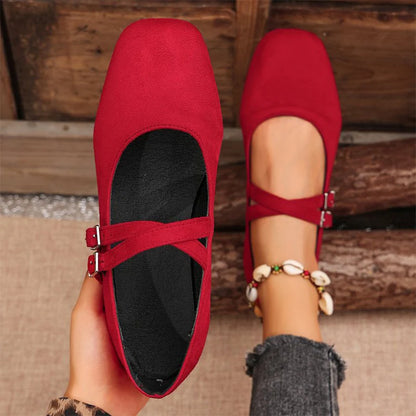 Double Buckle Red Ballet Flats Women 2025 Brand Designer Square Toe Mary Jane Shoes Woman Faux Suede Casual Shoes Female