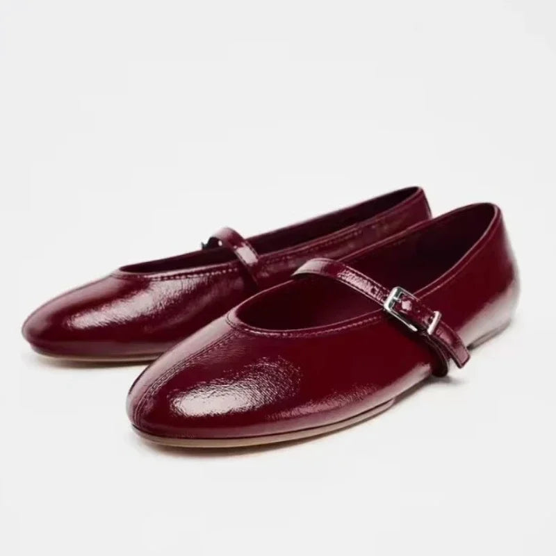 Round Toe Belt Buckle Flat Designer Shoes Woman Soft Leather Ballet Flats Women Light Comfortable Women Loafers Red Ballerinas