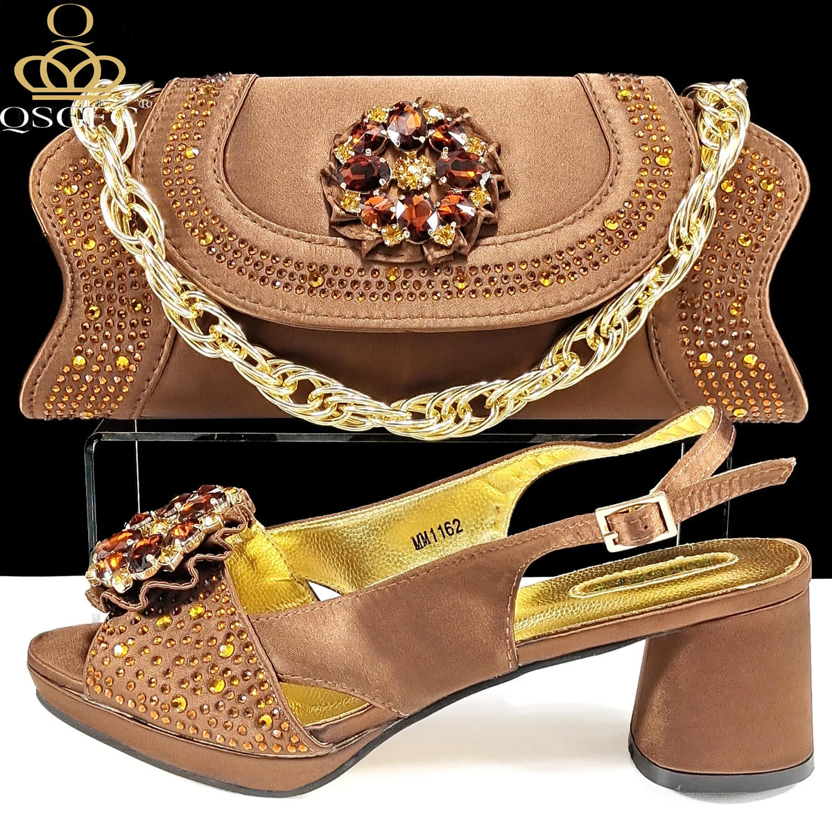 QSGFC Open Toe Women Heels for 2024 Elegant Party Olive Color Diamond Pumps Italian Shoes and Bags Matching Set