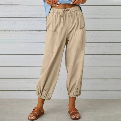 New loose fit high waisted buttoned cotton and linen pants, 9/10 Wide leg women's pants