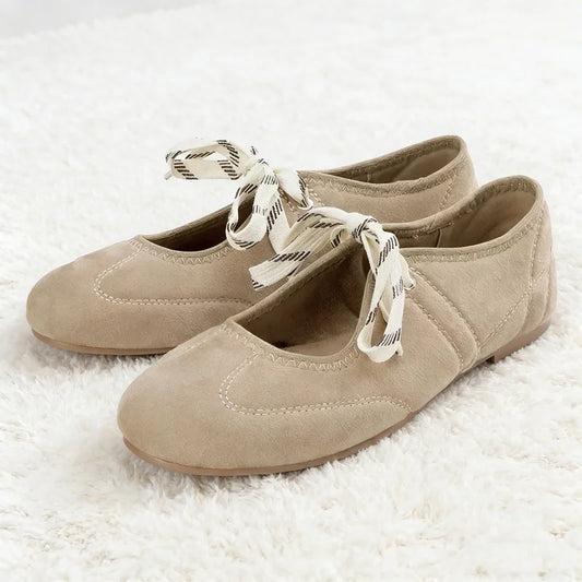 Fashion Lace Up Sewing Design Brand Ballet Flats Women High Quality Faux Suede Mary Jane Shoes Comfortable Round Toe Loafers