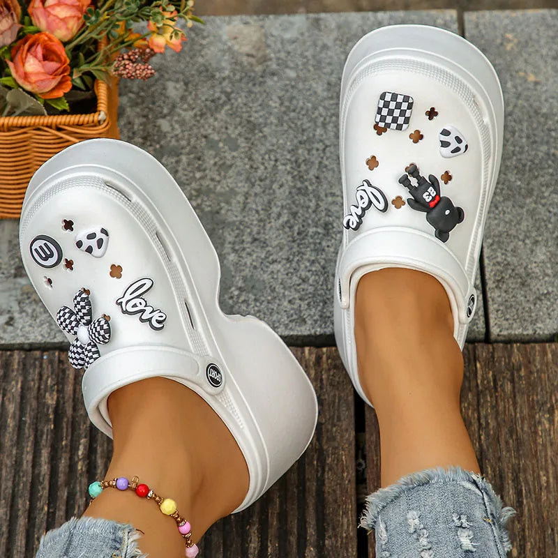 Decorative Buckle Wedge Sandals Women 2025 Thick Bottom Platform Beach Sandals Woman Summer Closed Toe Non-slip Soft Sole Slides