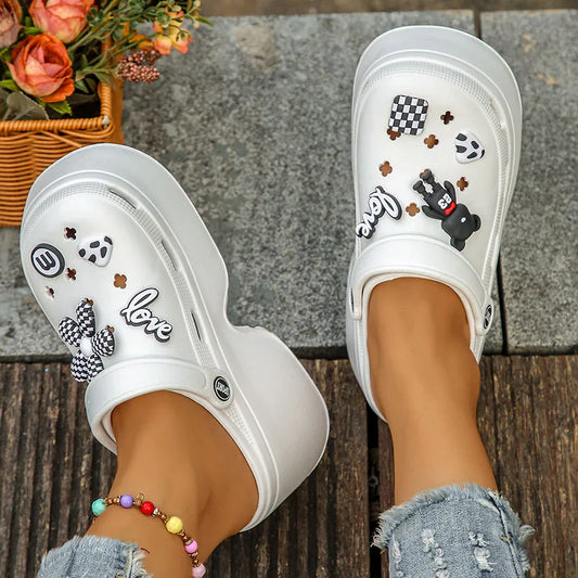Decorative Buckle Wedge Sandals Women 2025 Thick Bottom Platform Beach Sandals Woman Summer Closed Toe Non-slip Soft Sole Slides