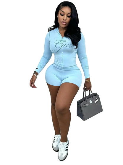 Fitness Women 2 Piece Set Zipper Fly Sweatshirt Skinny Biker Shorts Matching Set 2025 Summer Streetwear Sporty Workout Tracksuit
