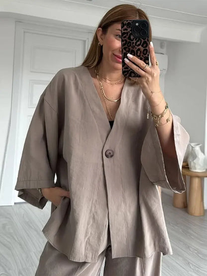 Casual Solid Cotton Linen Pants Suits Women Half Sleeve V Neck One Button Loose Top 2 Piece Set Female 2025 Daily Street Outfits
