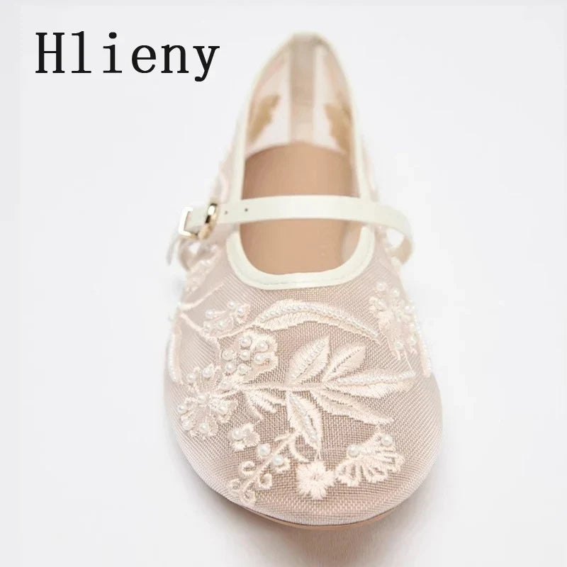 Women’s pearl mesh ballet flats with embroidered flowers and pearl details