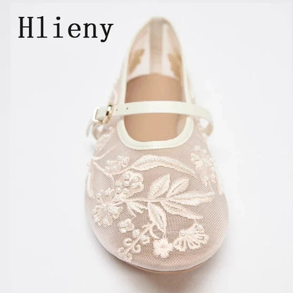 Women’s pearl mesh ballet flats with embroidered flowers and pearl details