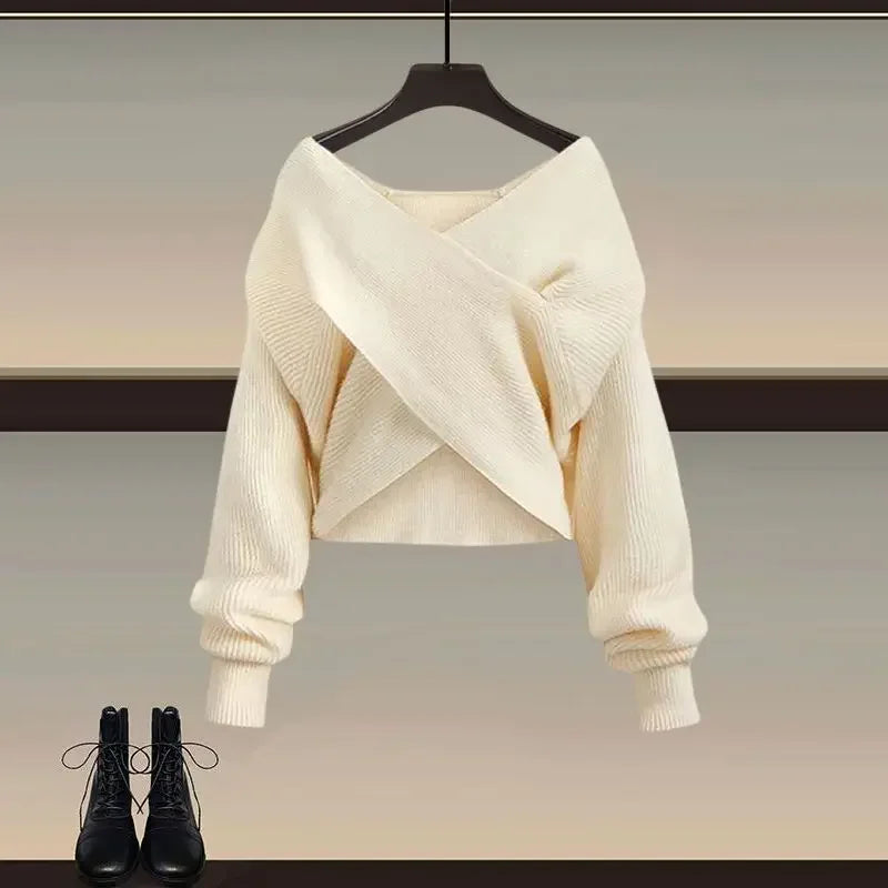 2026 Female Elegant Winter New Cross Knitted Sweater+Bottom Shirt+Black Strap Dress 3-Piece Suit Women Chic Hoodie Matching Set