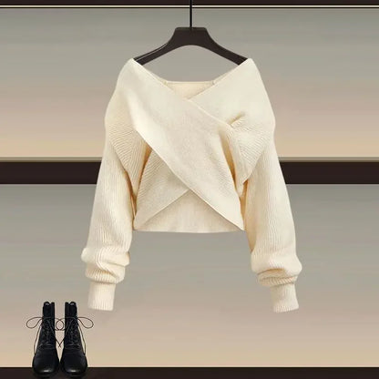 2026 Female Elegant Winter New Cross Knitted Sweater+Bottom Shirt+Black Strap Dress 3-Piece Suit Women Chic Hoodie Matching Set