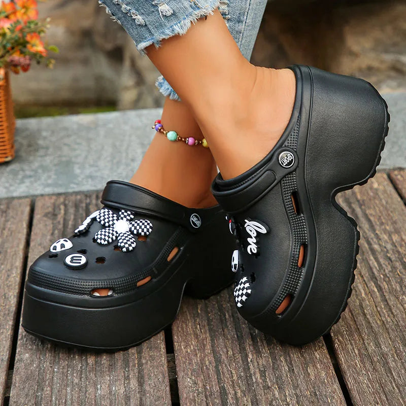 Decorative Buckle Wedge Sandals Women 2025 Thick Bottom Platform Beach Sandals Woman Summer Closed Toe Non-slip Soft Sole Slides