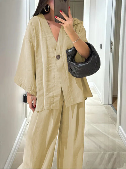 Casual Solid Cotton Linen Pants Suits Women Half Sleeve V Neck One Button Loose Top 2 Piece Set Female 2025 Daily Street Outfits