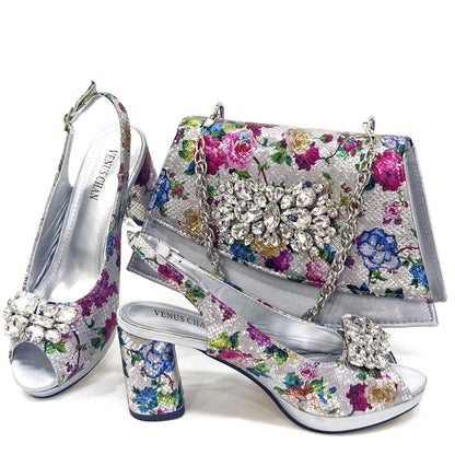 Venus Chan Italian Sandals and Bags Matching Set 2024 Women Heel Party for Gold Colour Wedding Bigger Size Thick Heel Shoes
