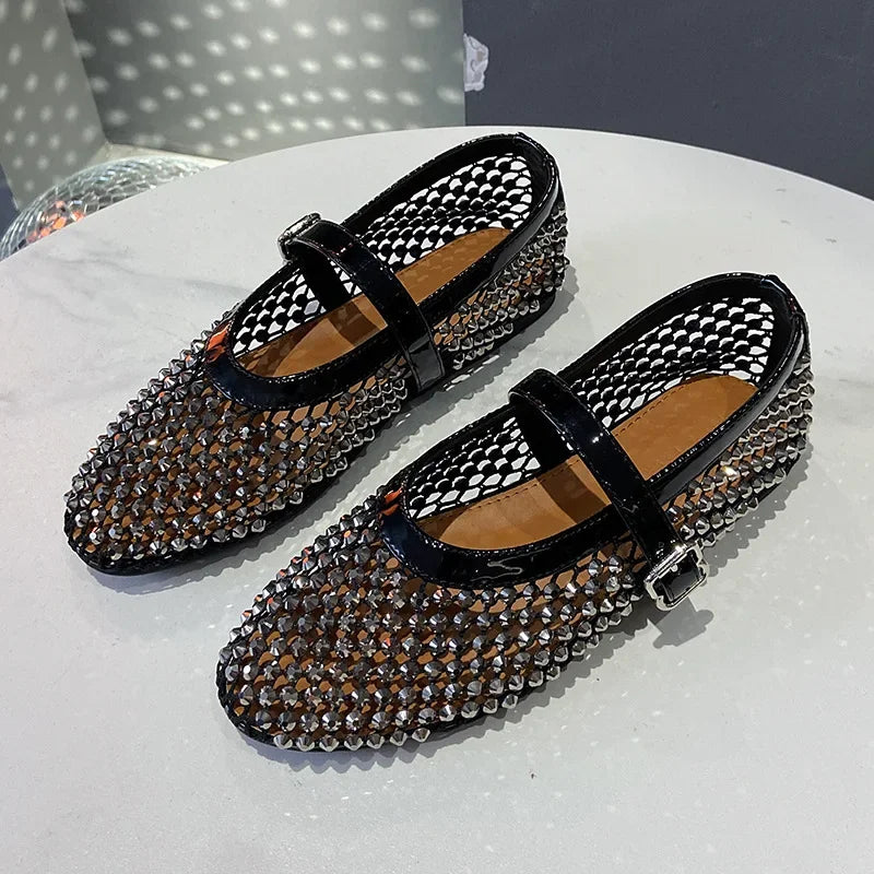 Luxury Crystal Rhinestone Fishnet Ballet Flats Woman Brand Design Rivet Mesh Mary Jane Shoes Ladies Summer Loafers Plus Size 42