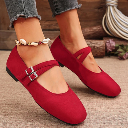 Double Buckle Red Ballet Flats Women 2025 Brand Designer Square Toe Mary Jane Shoes Woman Faux Suede Casual Shoes Female
