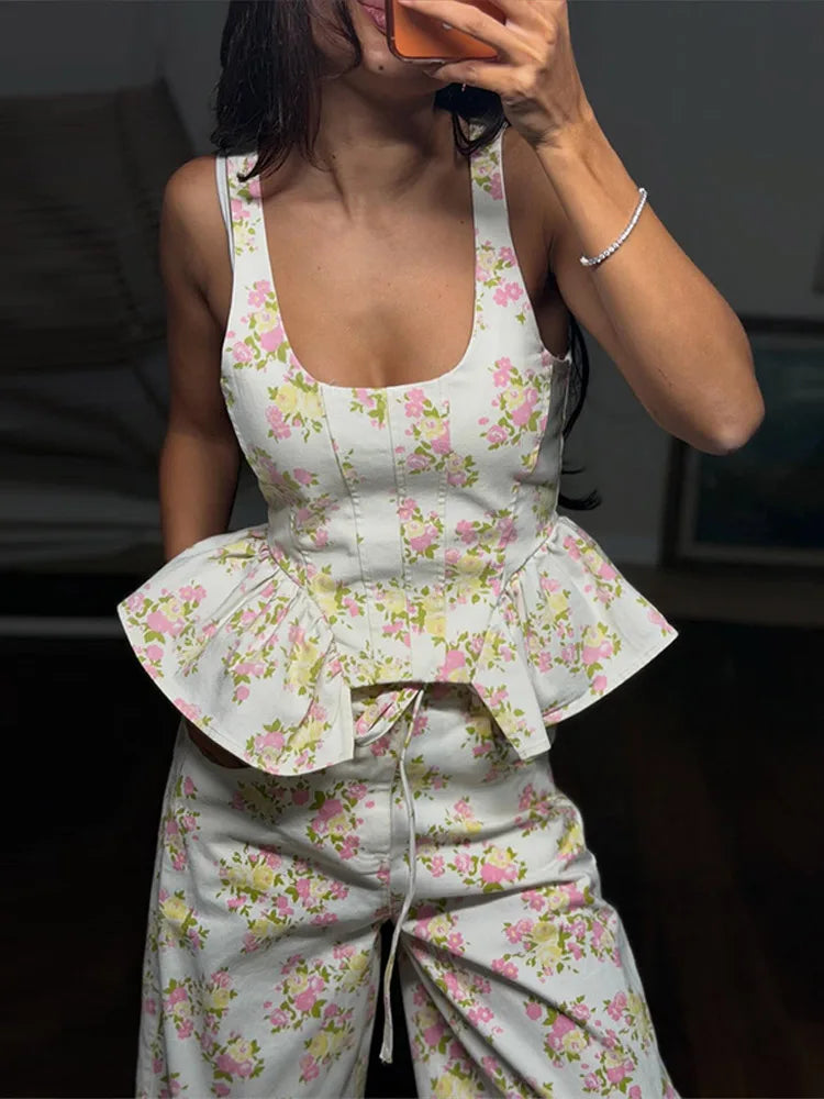 Women Pants Sets Peplum Matching Set Floral Print Vest Sleeveless Top Wide Leg Trousers 2-Piece Outfit Spring Woman Clothes