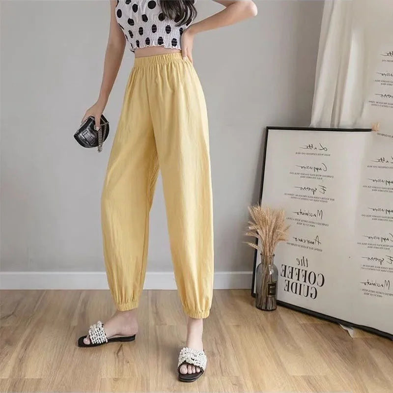 Women Casual Loose Cozy Harem Pants for 2026 New Summer Elastic Waist Beach Linen Pants Solid Color All-match Lantern Trousers