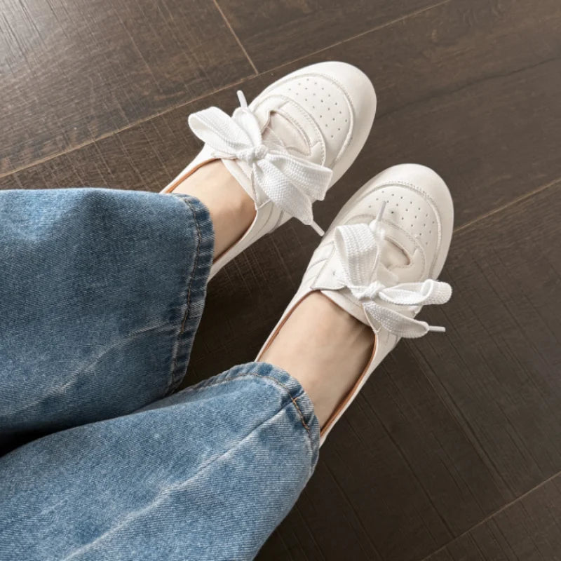 Women's Soft Ballet Flats Lace Up Bow Knot Slip On Loafers Comfortable Walking Round Toe Casual Shoes Spring Summer