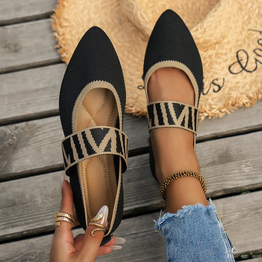 Knitted Color-block Women's Flat Shoes Dressy Ballet Flats Casual Striped Straps  Pointed Toe Loafers Female