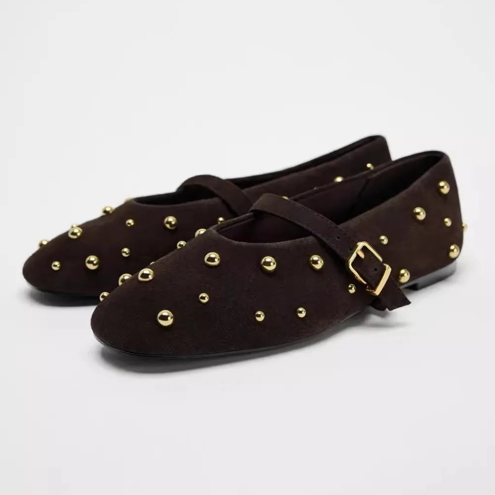 Flat Shoes for Women Spring/autumn Brown Imitation Suede Studded Round Toe Ballet Flats with Straight Stripes Mary Jane Pumps
