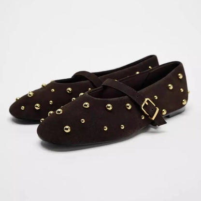 Flat Shoes for Women Spring/autumn Brown Imitation Suede Studded Round Toe Ballet Flats with Straight Stripes Mary Jane Pumps