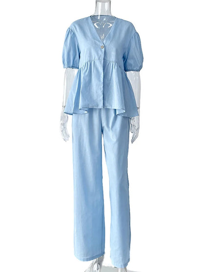 Mumaroho 2025 Women Spring Summer Holiday Pant Set Suits Cotton Solid Outfits V-neck 2 Two Piece Matching Set For Women