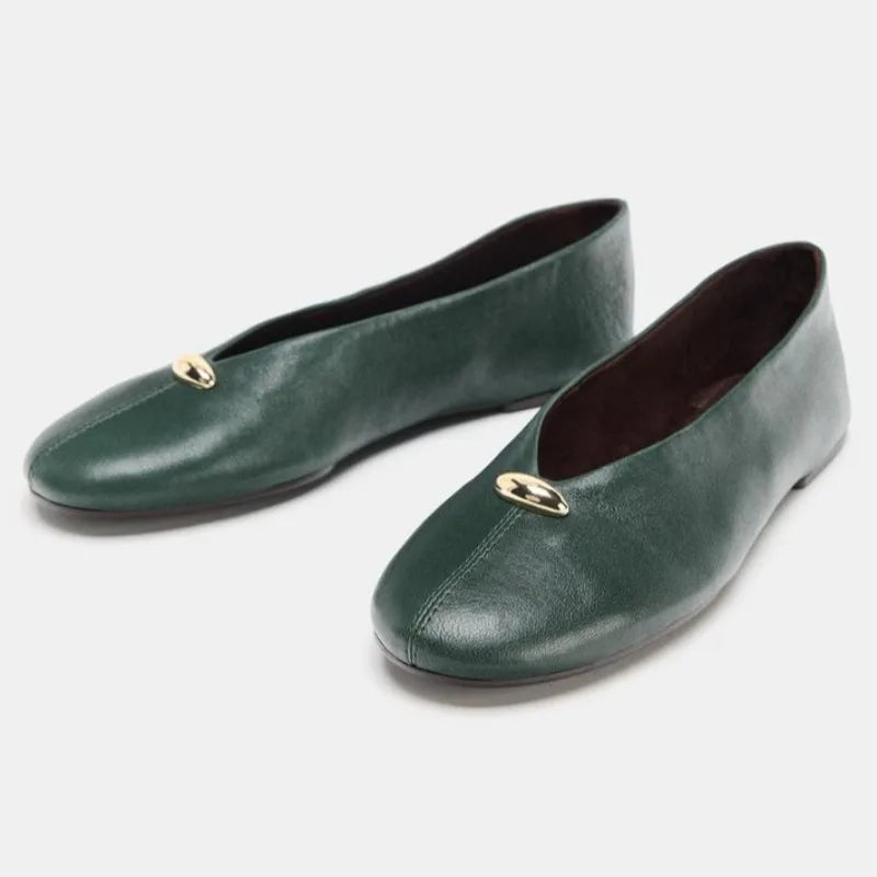 Luxury Metal Buckle Decoration Ballet Flats Women Green Leather Ballet Sneakers Light Soft Sole Comfortable Loafers for Ladies