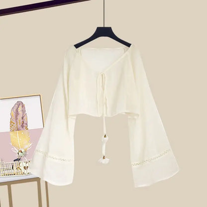 Women's Summer New Elegant Chiffon Sunscreen Shirt+Strap Skirt Two piece Suit 2026 Lady Korean Fashion Sexy Dress Matching Set