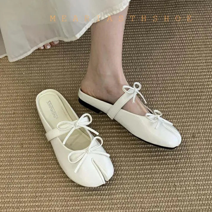 NEW Split Toe Tabi Shoes Size 43 Genuine Leather White Ballet Flats Women Low Heel Mary Janes Pumps Ballerinas Zapatos Mujer