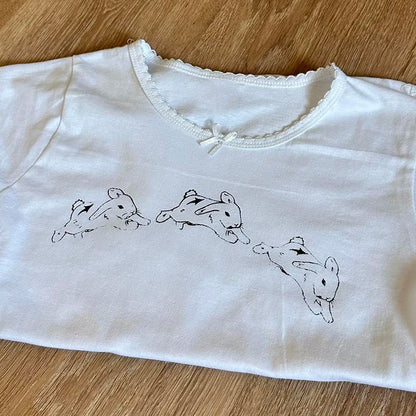 Y2k Clothes Women's T-Shirt E-girl Baby Tee Slim Gothic Rabbit Print Streetwear Vintage Harajuku Punk Grunge Crop Top Casual