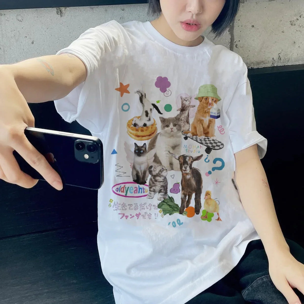 Retro Harajuku Fashion Women Shirt Cute Milk Cat Graphic T-Shirts Oversized Tee Y2k Aesthetic Female Tees Streetwear Tops