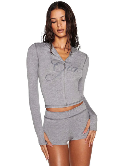 Fitness Women 2 Piece Set Zipper Fly Sweatshirt Skinny Biker Shorts Matching Set 2025 Summer Streetwear Sporty Workout Tracksuit