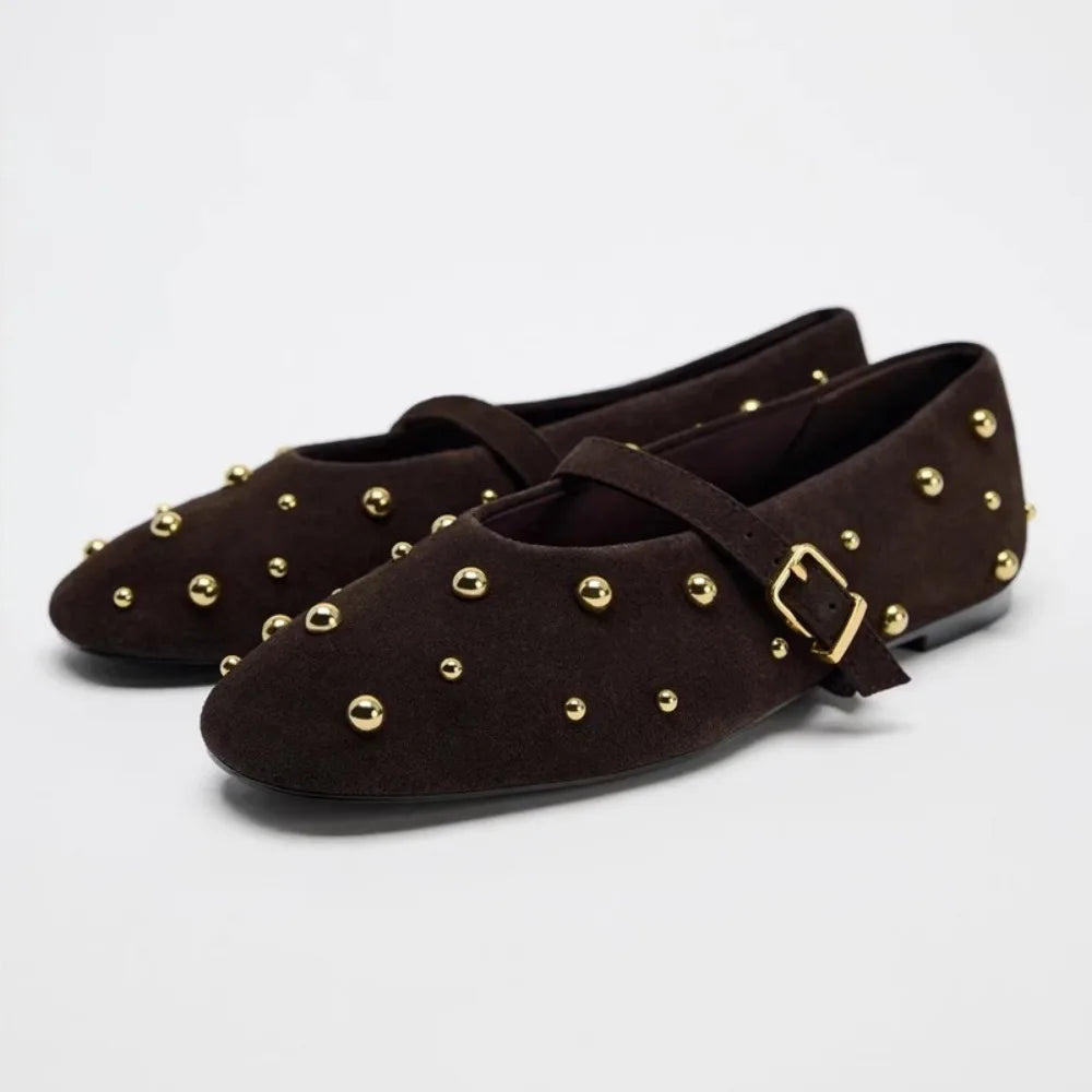 Flat Shoes for Women Spring/autumn Brown Imitation Suede Studded Round Toe Ballet Flats with Straight Stripes Mary Jane Pumps