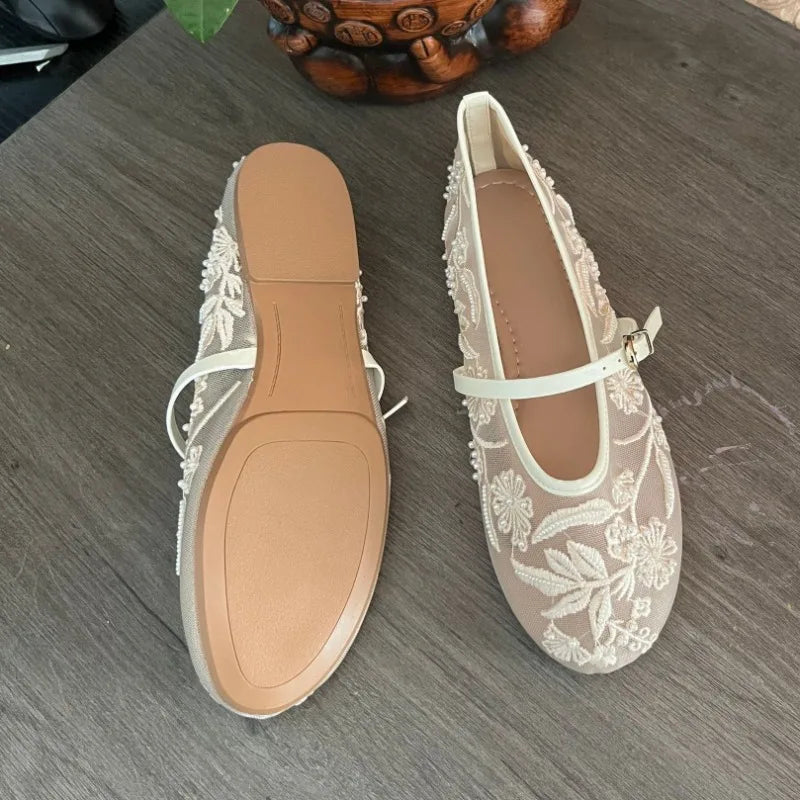 Women's Ballet Flats Ballerina Shoes 2025 Summer New White Mary Jane Comfortable Embroidered Mesh Buckle Strap Elegant