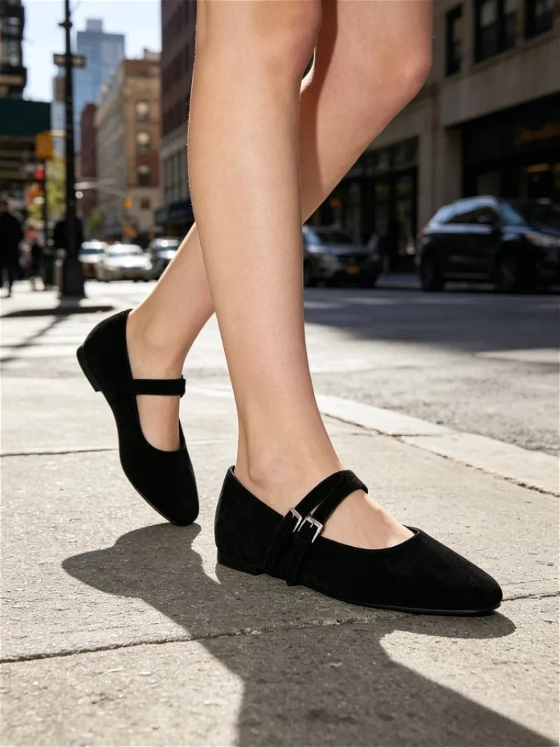 Black Round Toe Ballet Flats Women Fashion Double Buckle Design Elegant Mary Jane Shoes Comfort Shallow Designer Shoes Sandals